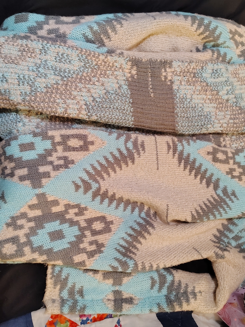 Aztec Open-Front Cardigan Sweater in Light Blue & Taupe